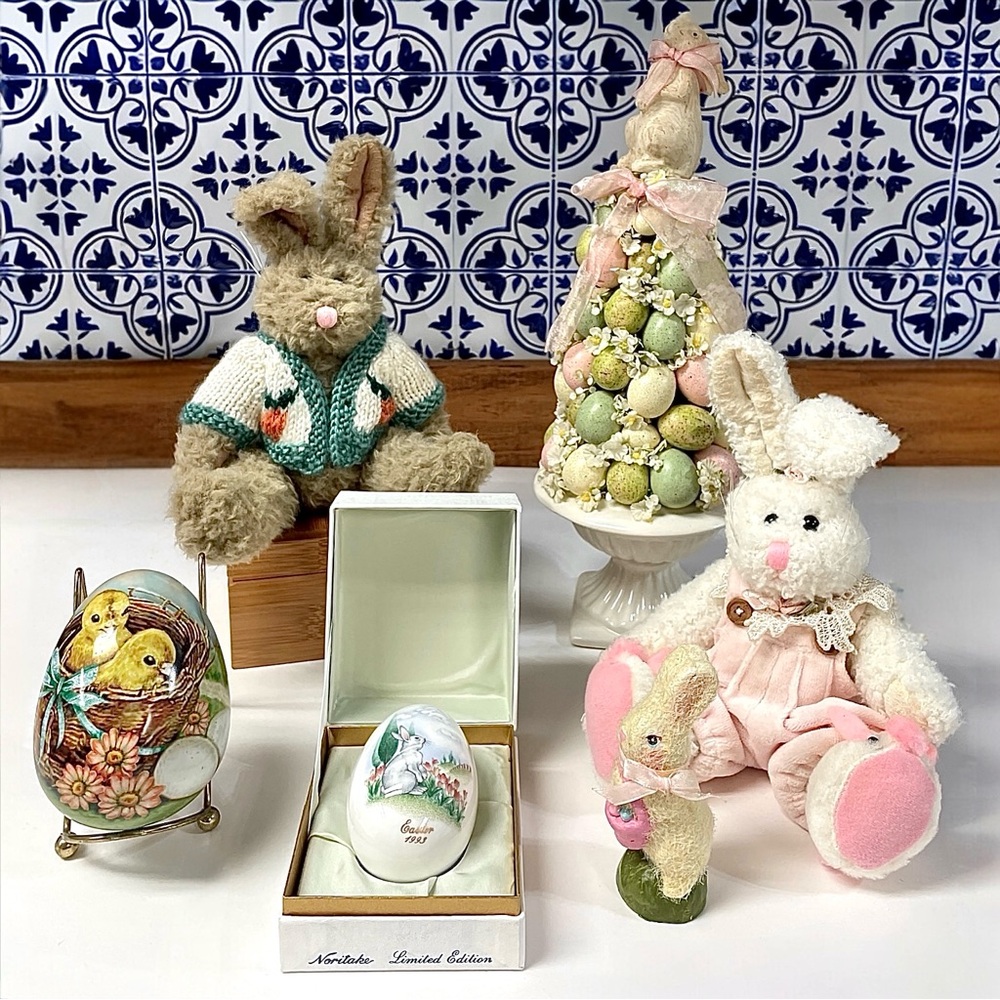 Vintage Easter Decor Bundle 6pc Noritake Egg Plush Bunnies Spring Topiary 90s
